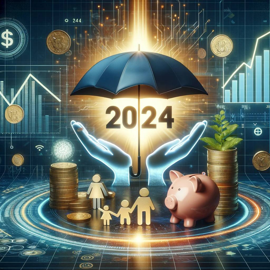 2024   DALL·E 2024 01 31 19.40.01 A Futuristic Image Featuring The Year 2024 Prominently Surrounded By Symbols Of Financial Growth Welfare And Community Support. The Scene Includes  Optimized 